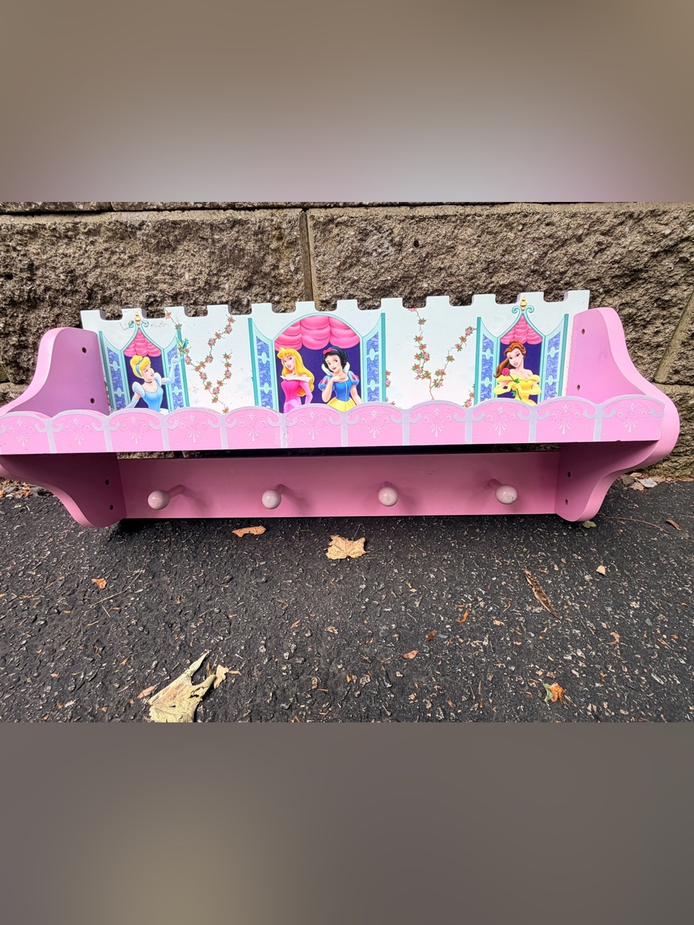 Disney Princess Pink Wall Shelf with Princess Artwork and Hooks
